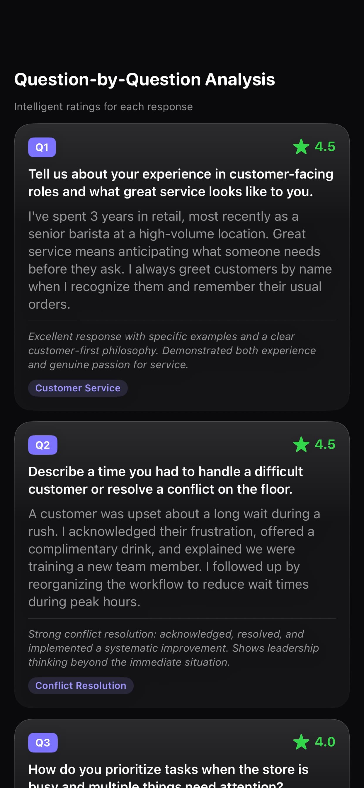 Question-by-question analysis with individual ratings