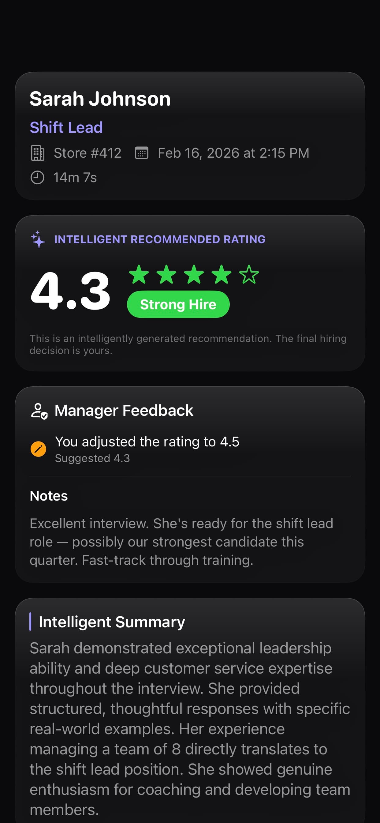 AI analysis with overall rating and hiring recommendation