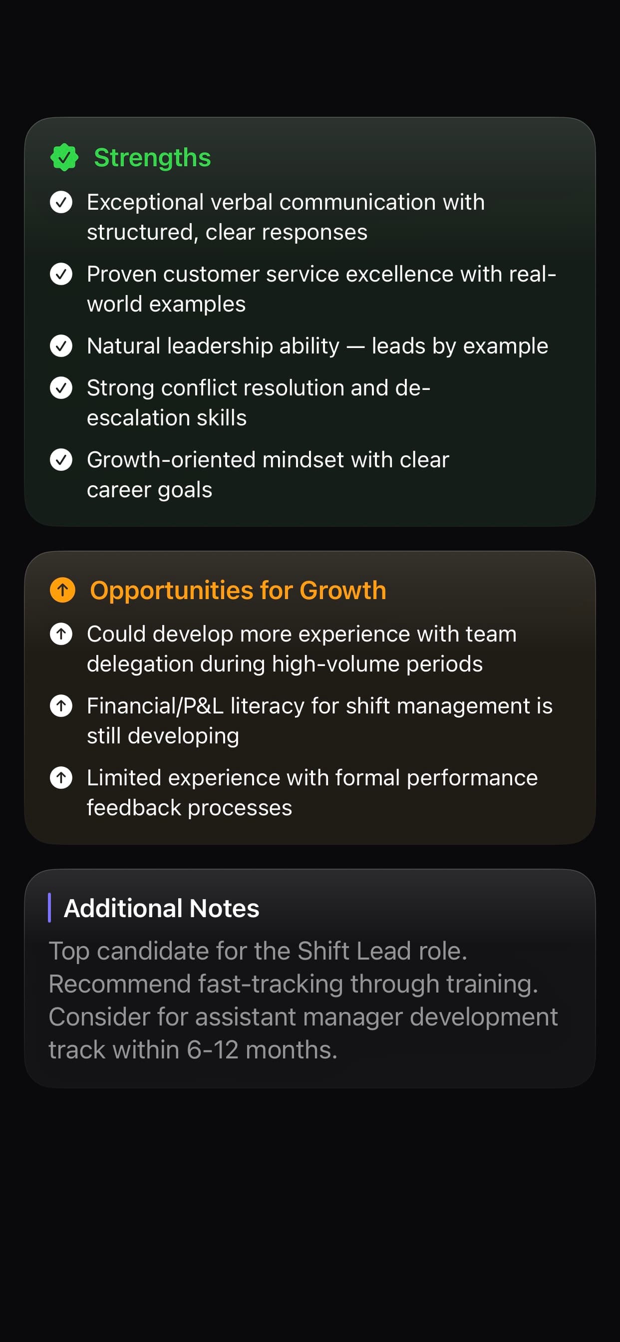 Candidate strengths and opportunities breakdown