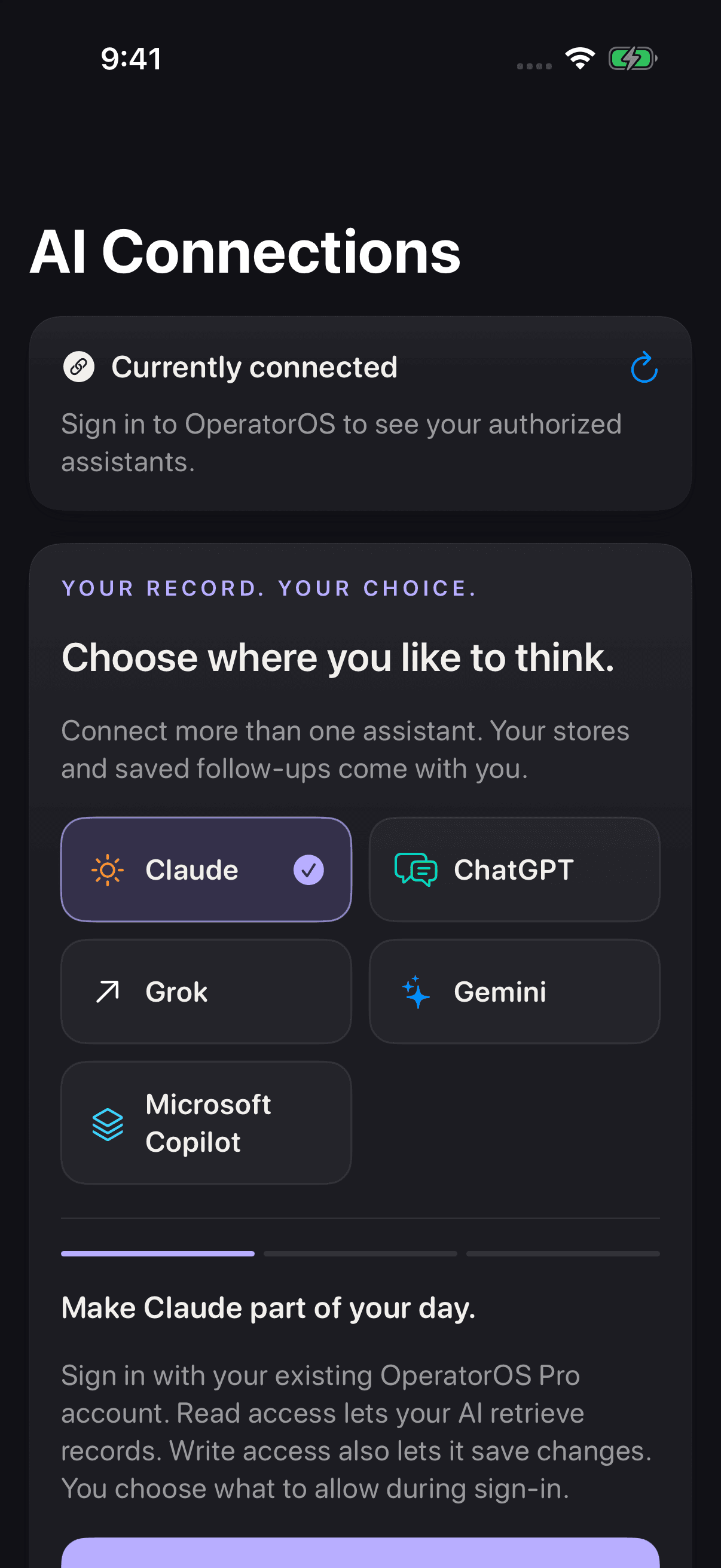 OperatorOS 4.2 build 68 AI Connections setup screen, shown signed out