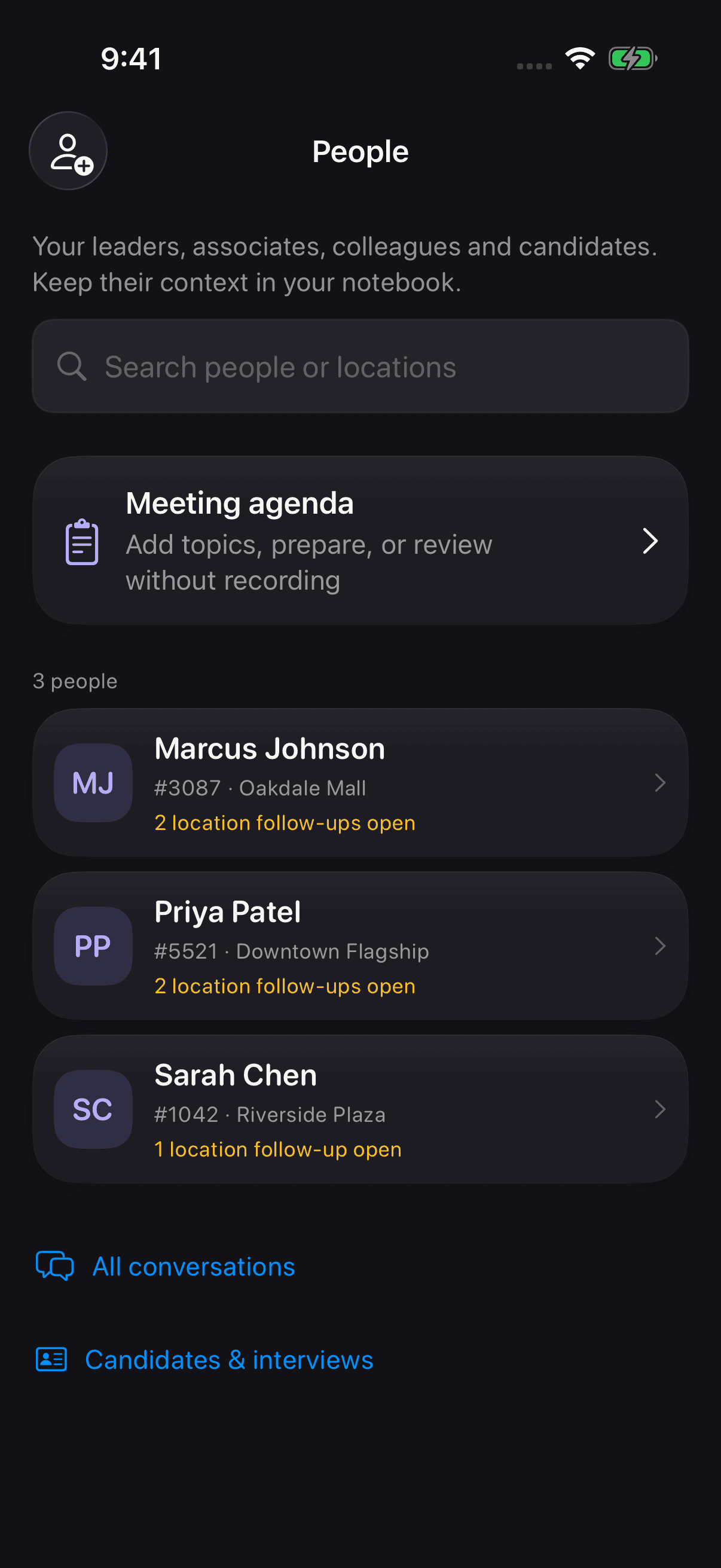 OperatorOS 4.2 build 68 People screen with meeting agenda and Candidates and interviews entry, using fictional people
