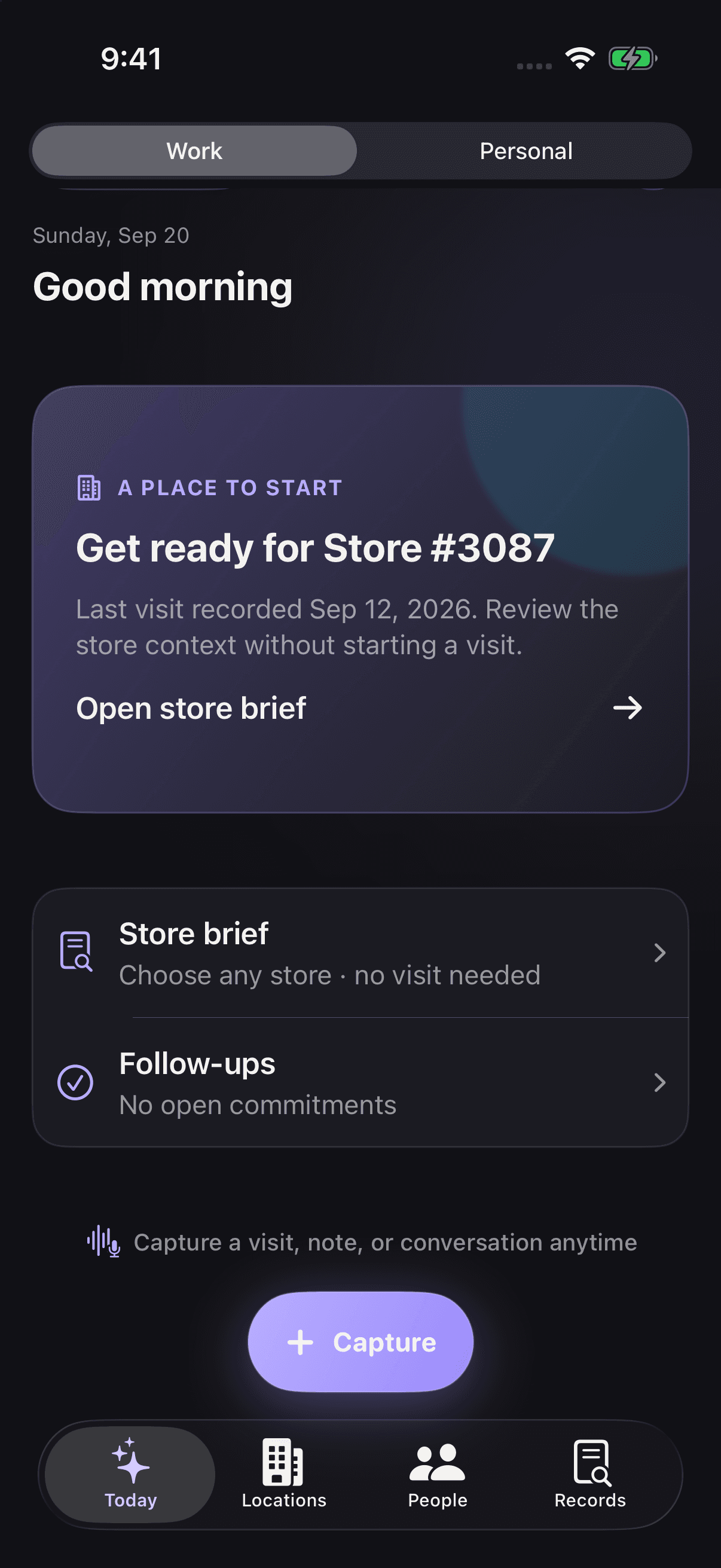 OperatorOS 4.2 build 68 Today screen with Work and Personal spaces and fictional store data