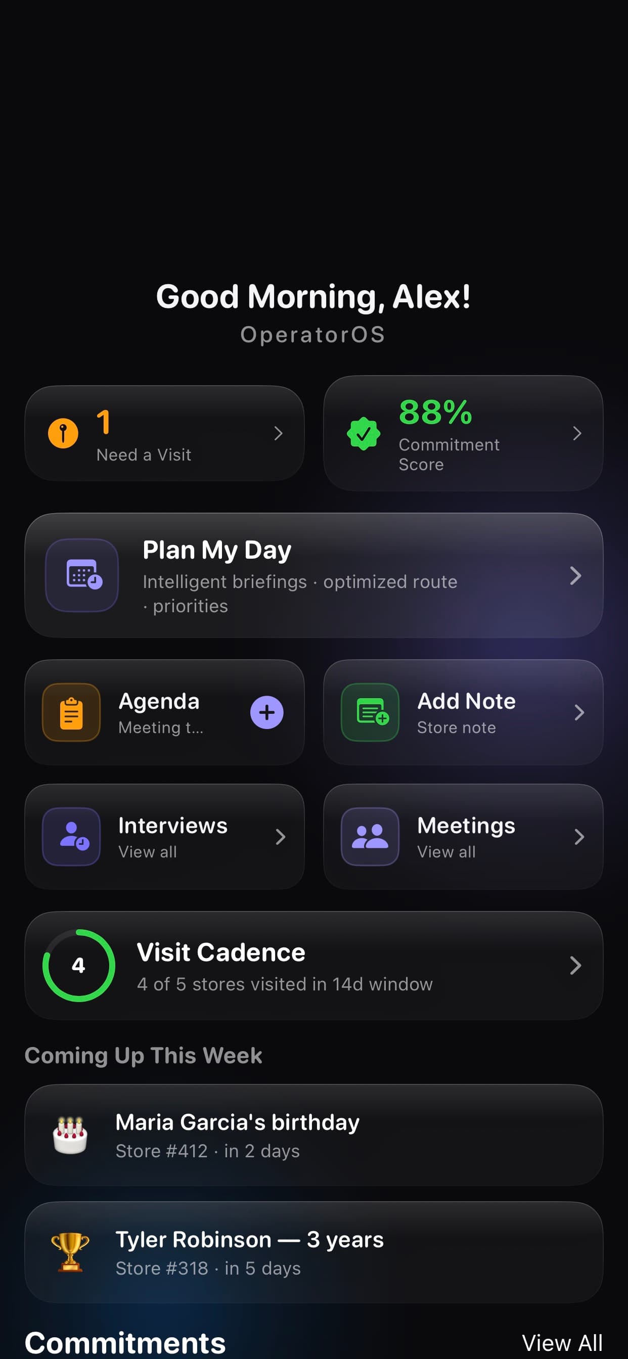 OperatorOS Dashboard — Plan My Day, commitments, and recent visits