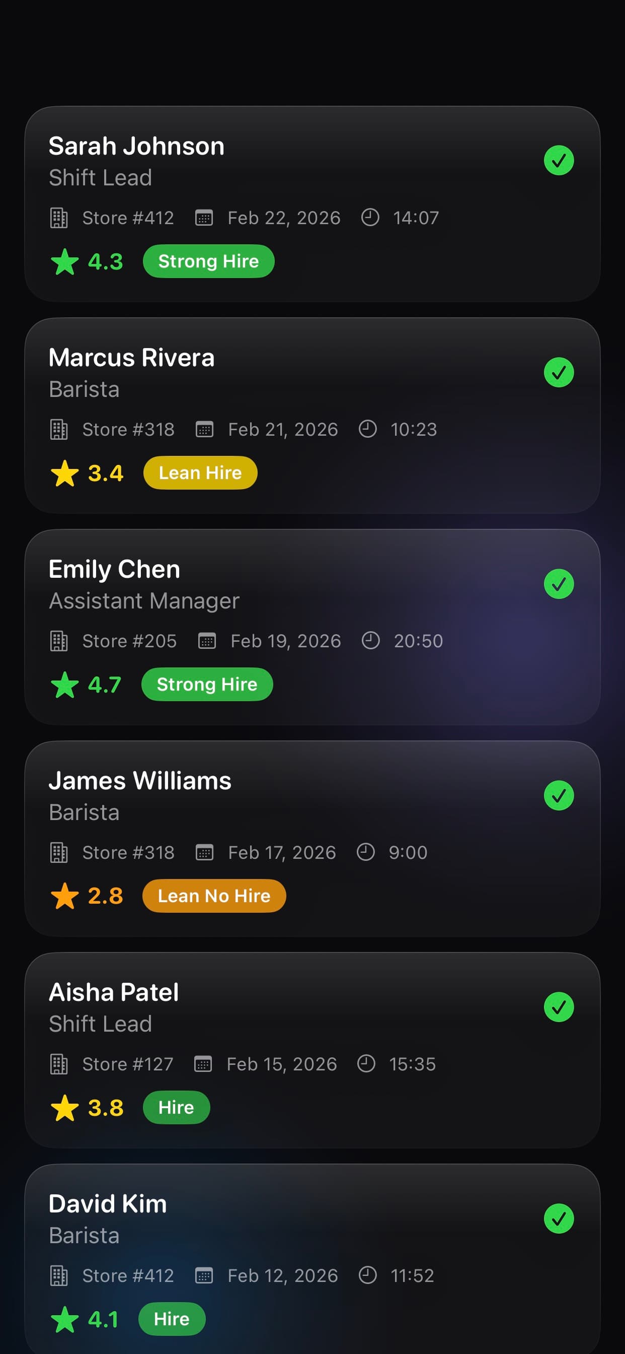 Interview recordings list with AI ratings and hiring recommendations