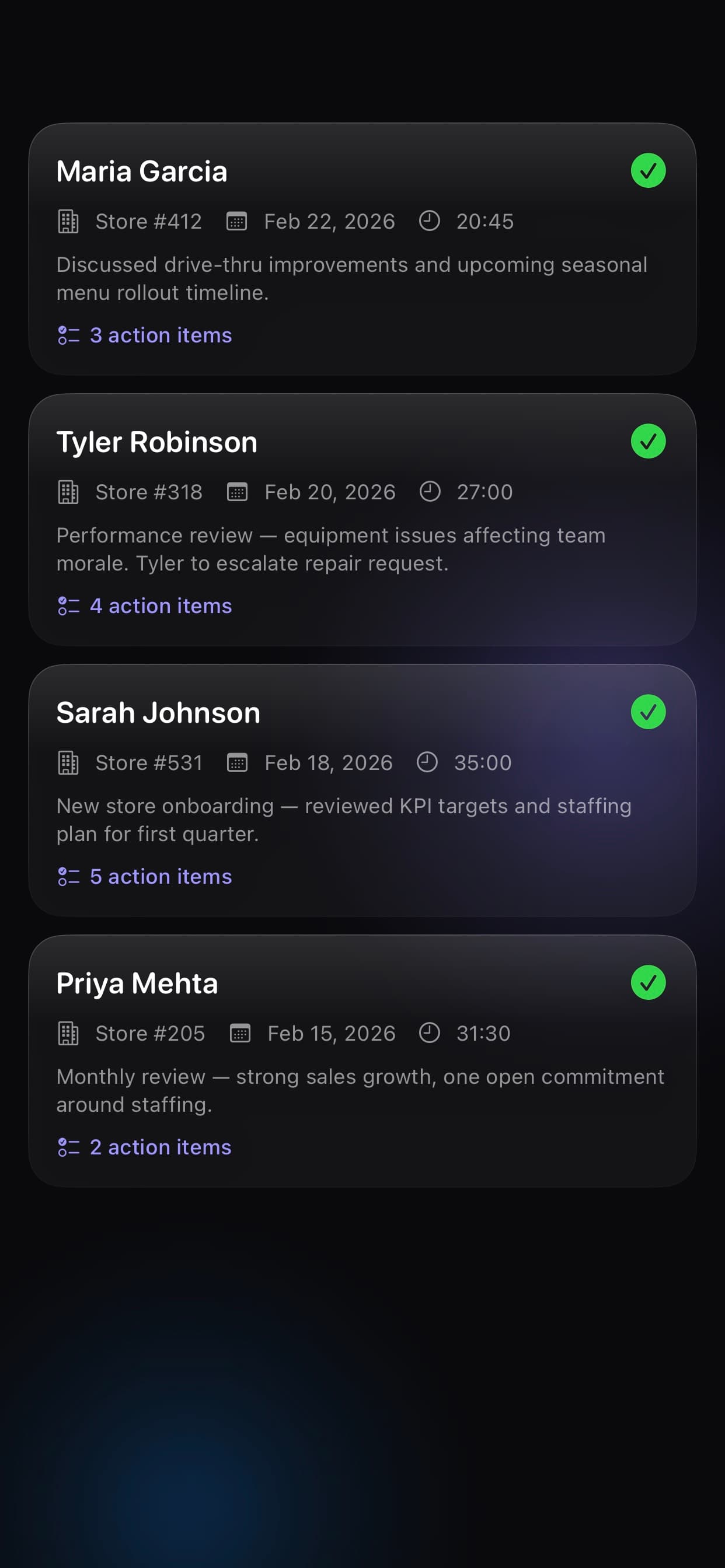 Meetings list with AI summaries, action items, and store assignments
