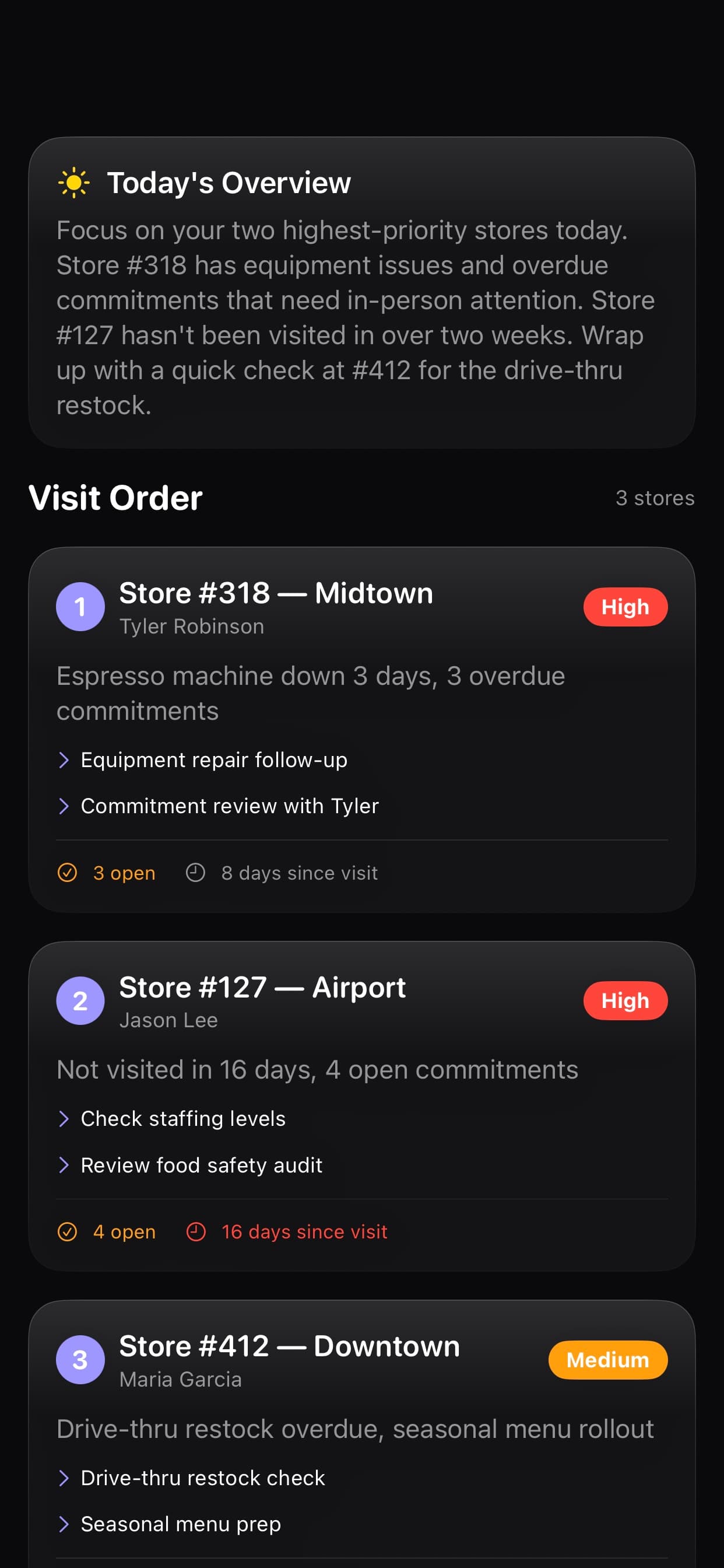 Plan My Day with prioritized visit order, talking points, and route optimization