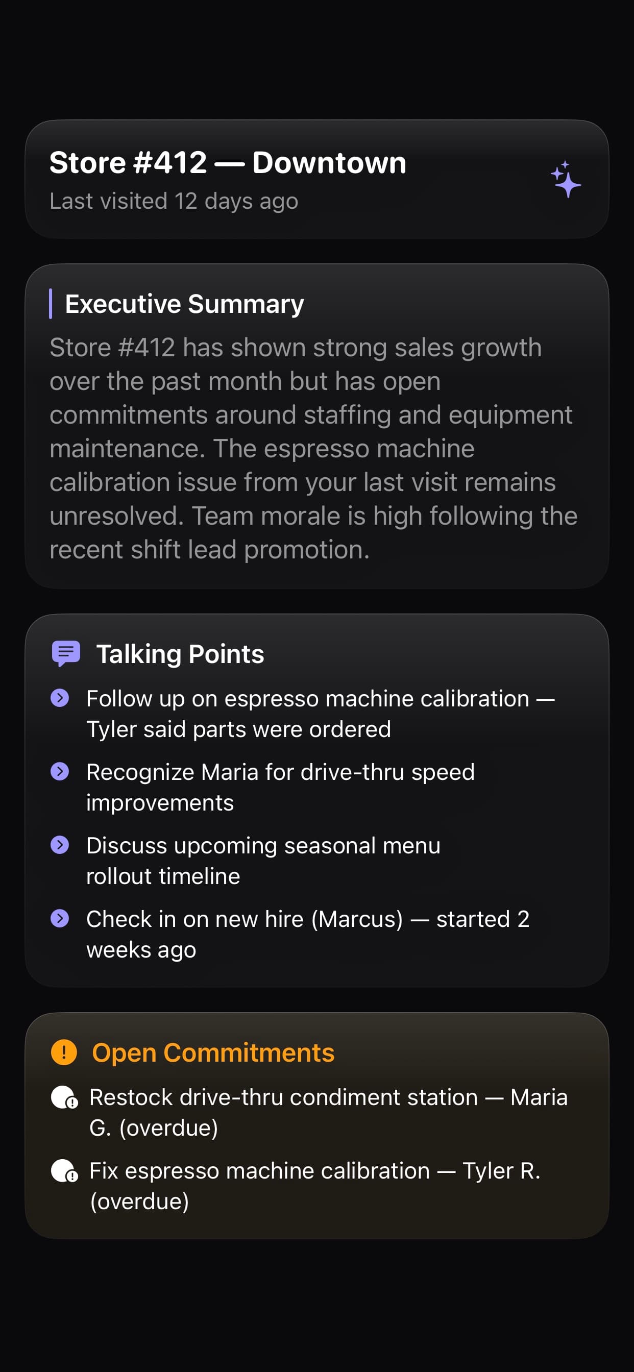 Pre-visit brief with executive summary, talking points, and open commitments